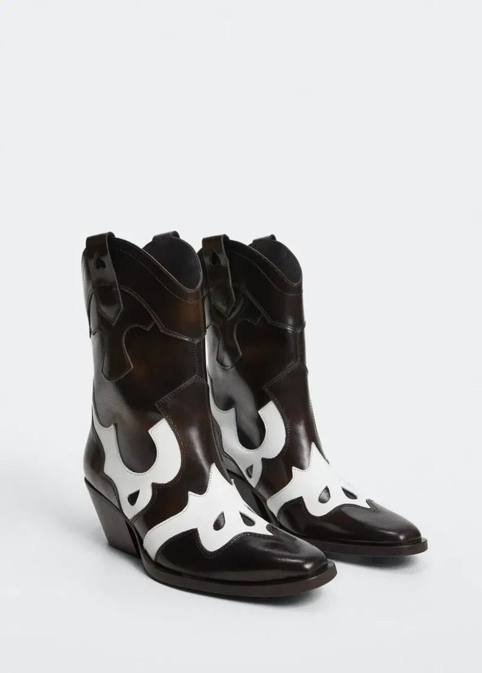 Mango Women's Contrast Leather Cowboy Ankle Boots Brown White Size 37 NWT
